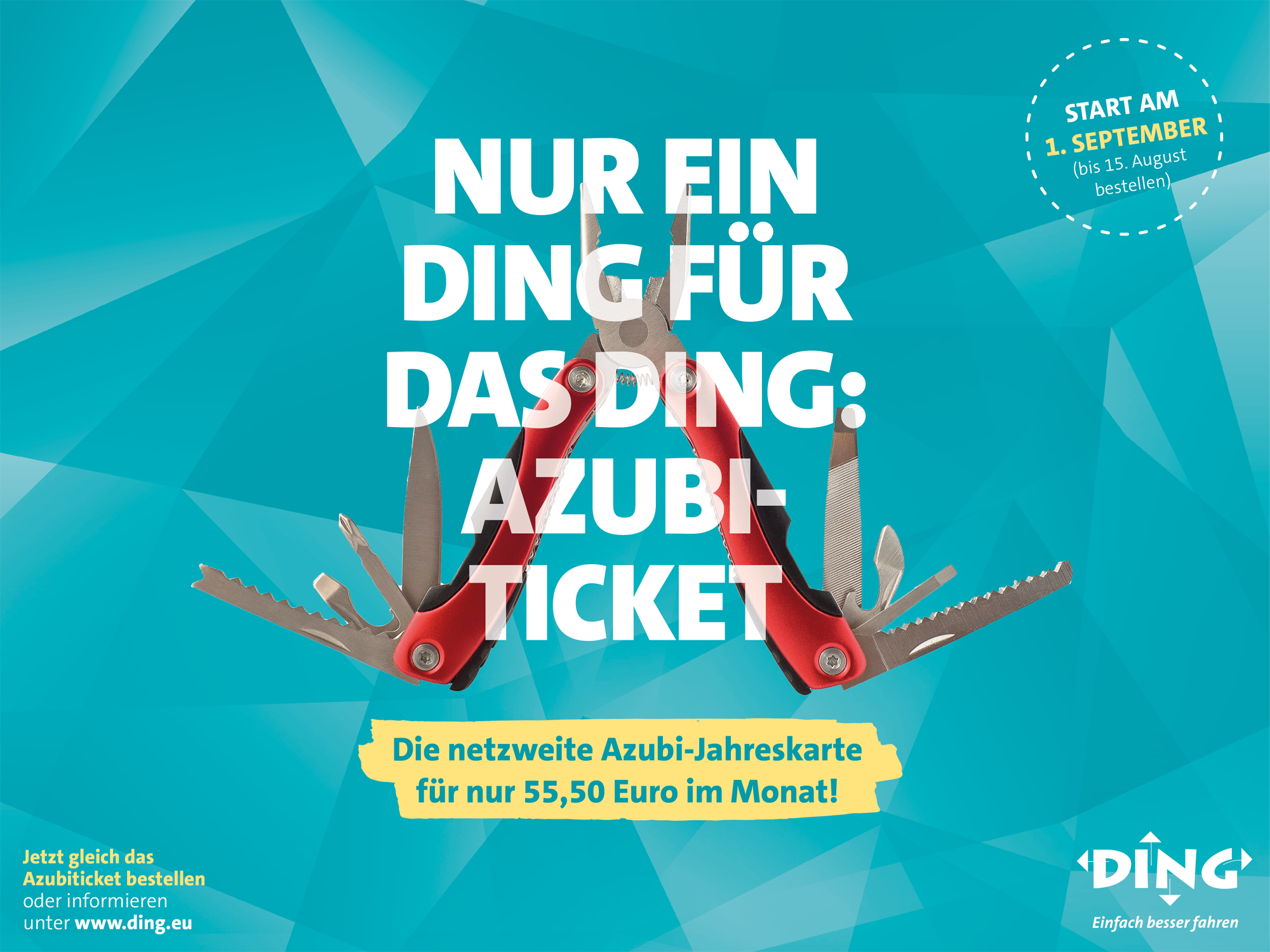 Ein rotes Multitool mit Werbeaufschrift für das Azubiticket. Bestellbar unter www.ding.eu