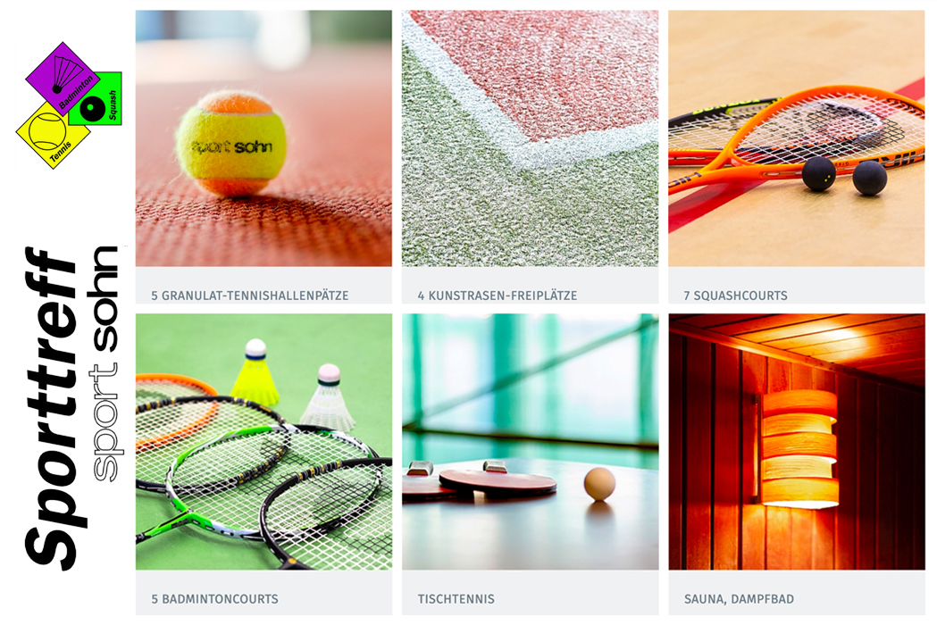 Bilder unterschiedler Sportarten. Tennis, Tischtennis, Badminton,Squash sowie ein Bild von einer Sauna